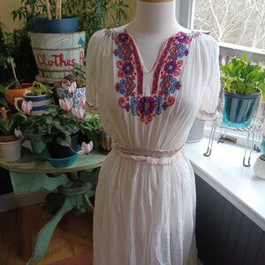 1930s Vintage Embroidered Hungarian Dress Cotton Gauze Voile Karavan N.Y. XS/S